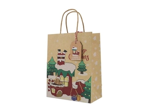 Detailed view of Kraft paper Christmas gift bag with Santa illustration and hanging tag