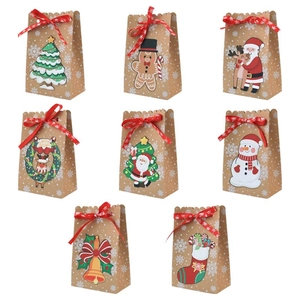 Christmas Kraft Paper Gift Bags With Ribbon Snowflake Pattern Cartoon Santa Snowman Reindeer Candy Packaging Bags For Holiday Party