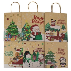 Christmas Gift Bags Kraft Paper Portable Square Bottom Cartoon Santa Snowman Patterns Holiday Packaging Bags