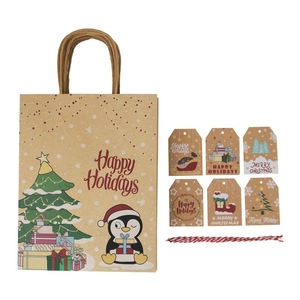 Kraft Christmas gift bag set with penguin tree design and holiday hanging tags