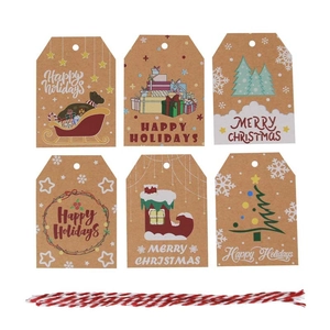 Christmas kraft paper tags set with festive illustrations and red-white cotton string