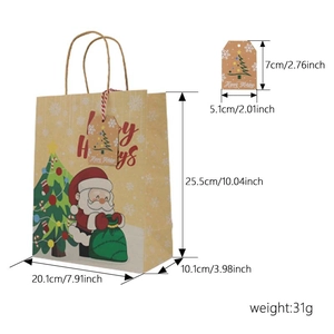 Christmas Kraft paper gift bag with Santa and tree print including dimensions and tags