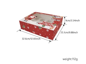 Detailed view of red Christmas muffin box showing 32.6x25.1x9cm dimensions and PVC window