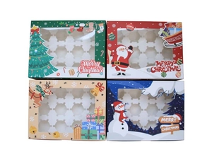 Top view of four 12-hole Christmas cupcake boxes with PVC window and festive patterns