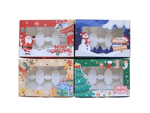 Close-up of 6-hole Christmas cupcake boxes with PVC windows in four festive colors