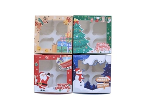 Christmas 4-hole muffin boxes with PVC window and festive reindeer tree illustrations