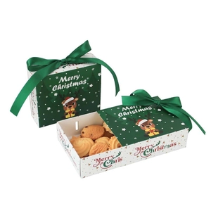 Christmas drawer gift box with reindeer pattern, green ribbon and Merry Christmas text
