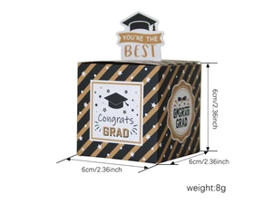 Detailed view of 6cm square graduation candy box with 3D cap topper and Congrats GRAD text