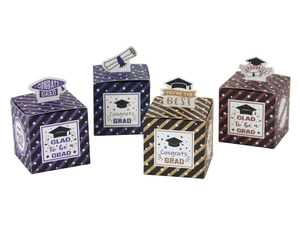 Detail view of square graduation cap favor boxes with festive starry patterns and tags