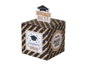 Detail of square graduation candy box featuring black and gold stripes and Congrats Grad text