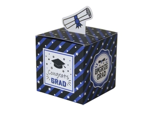 Detail of square graduation candy box with Congrats Grad print and diploma topper decoration