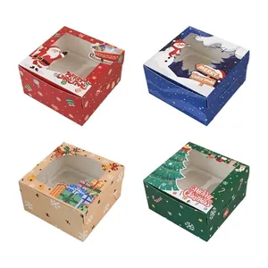 Set of 4 Christmas muffin boxes with clear PVC window and colorful festive illustrations