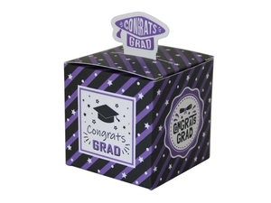 Macro view of purple Congrats Grad square candy box with 3D graduation cap card topper