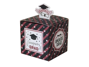 Detail of graduation candy box featuring Congrats GRAD text and creative mortarboard top