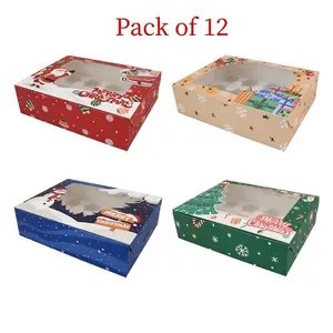 Christmas 12-pack muffin boxes with PVC window in red, blue, green and kraft paper designs