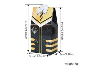 Detail view of tuxedo style graduation candy box showing 10.5cm height dimensions