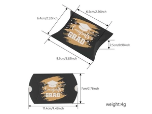 Detailed dimension guide for black graduation cap candy box with gold Congrats Grad print