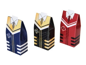 Three creative graduation suit gift boxes in blue, black, and red with Grad Congrats text