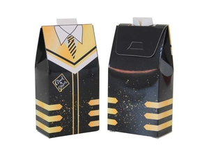 Detail of graduation gift box with Grad Congrats text and yellow striped tie pattern