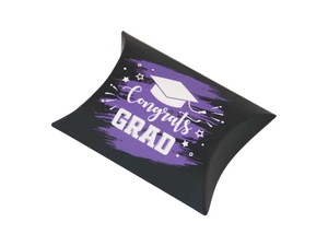 Detail of black graduation pillow box featuring purple Congrats Grad print and stars