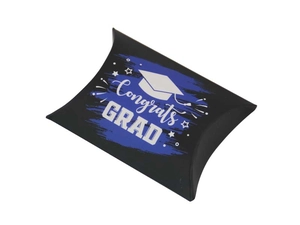 Macro view of a matte black graduation pillow gift box with blue Congrats Grad print