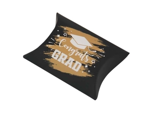 Detail of matte black graduation pillow box with gold brush stroke and Congrats GRAD text