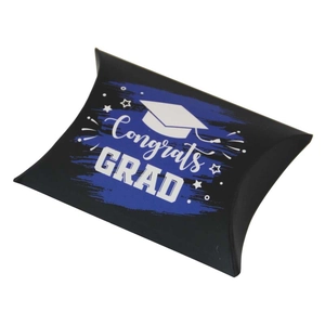 Black graduation pillow candy box with Congrats Grad print and mortarboard icon