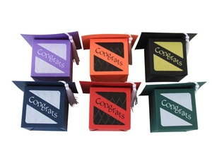 Detailed set of six colorful graduation cap gift boxes with white tassels and Congrats text