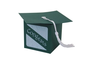 Detail of dark green graduation cap gift box with white tassel and Congrats text