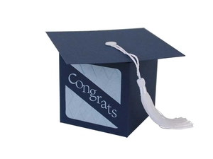 Detail of navy blue graduation cap gift box with Congrats text and white silk tassel
