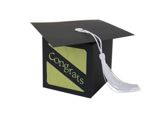 Close-up of black doctoral cap candy box with white tassel and Congrats lettering