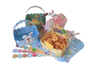 Detailansicht faltbarer Oster-Geschenkkörbe mit Hasenmotiven in vier verschiedenen Farben