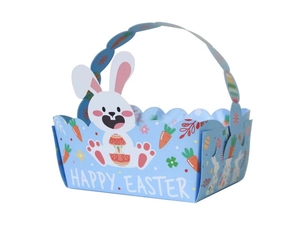 Nahaufnahme faltbarer Oster-Geschenkkorb aus Papier mit Hasenmotiv und Happy Easter Text