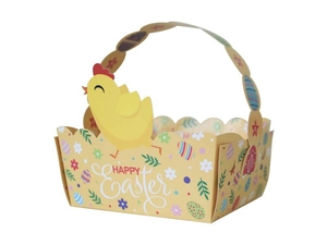 Detail der Oster-Geschenkkorb mit Küken-Motiv, bunten Eiern und Happy Easter Text
