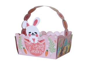Nahaufnahme vom rosa Ostergeschenkkorb mit Hasenmotiv und Happy Easter Aufschrift
