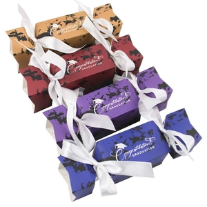 European graduation cap candy boxes in yellow, red, purple, and blue with white ribbons