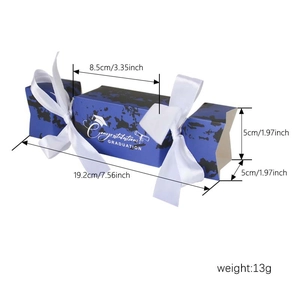 Blue graduation cap candy box with white ribbon and size dimensions shown on white background