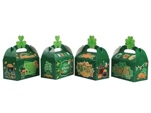 Détail de boîtes à bonbons de la Saint-Patrick avec motifs de lutins et trèfles verts