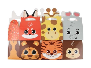 Flat lay of cartoon animal candy boxes with lion, elephant, and tiger designs and handles
