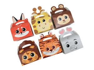Set of 6 cartoon animal gift boxes featuring fox, lion, and elephant designs with handles