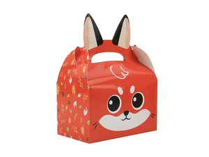 Detail view of fox candy box with 3D ears, orange cardboard, and autumn leaf patterns