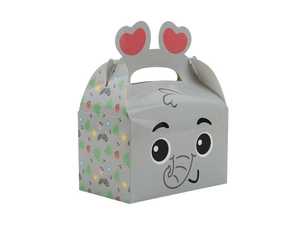 Detailed view of grey elephant cartoon gift box with red heart ears and floral patterns