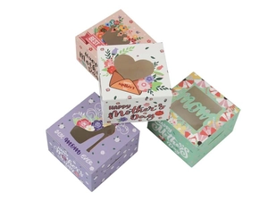 Detail of Mother's Day cookie boxes in pastel colors with heart and flower window designs