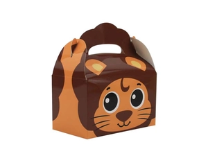 Detailed view of brown cartoon lion gift box with handle for kids party favors