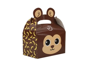 Detail of cartoon monkey gift box with banana print and circular ear handles