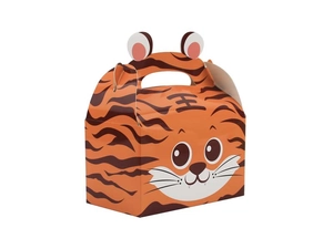 Detail of cartoon tiger candy box featuring cute 3D ears and a hollow handle design