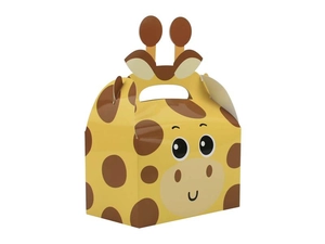 Detailed view of 3D giraffe animal candy box with convenient carry handle for party favors