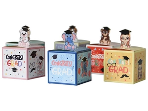 Nahaufnahme von bunten 3D-Cartoon-Tier-Abschluss-Geschenkboxen mit Panda- und Bären-Topper