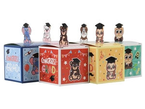 Detail von 3D-Cartoon-Tier-Abschlussgeschenkboxen mit süßen Motiveinsätzen