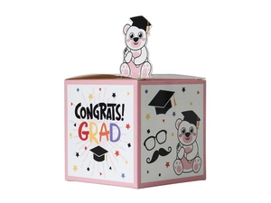 Detail der rosa Abschluss-Geschenkbox mit 3D-Bärenfigur und Congrats Grad Aufdruck